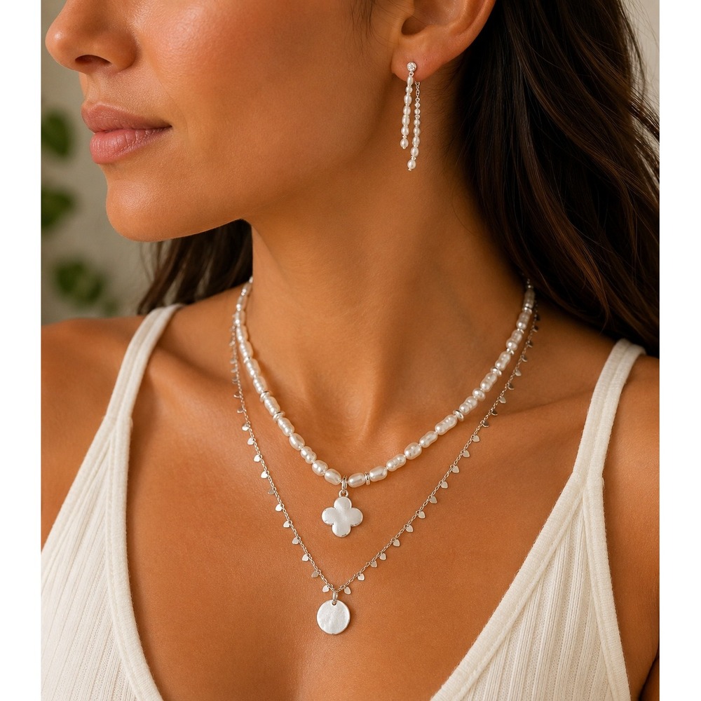 Joan Rivers Layered Necklace Set Baroque Pearl Quatrefoil Charm Silver Tone